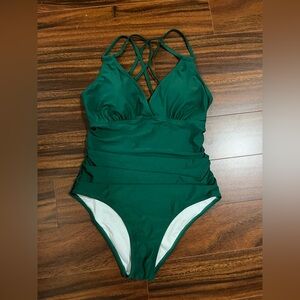 Charmo women’s large one piece bathing suit, ruched, dark green